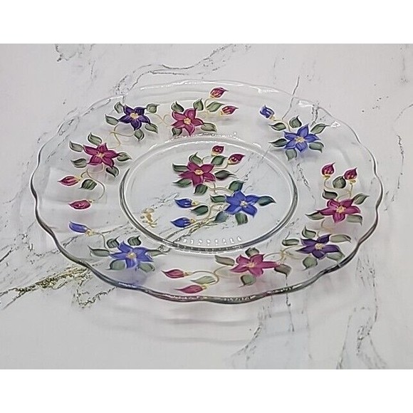 Art Glass Serving Dish Plate Signed Reverse Hand Painted Flowers Floral 9" - Picture 1 of 11